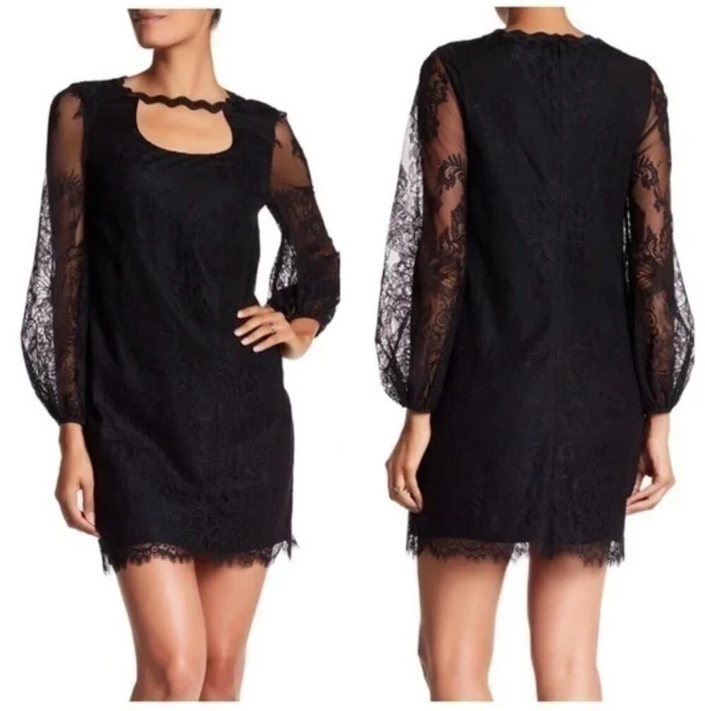 Trina Turk Lace Overlay Mini Dress Cut Out Neckline Sheer Balloon Sleeve Black 4